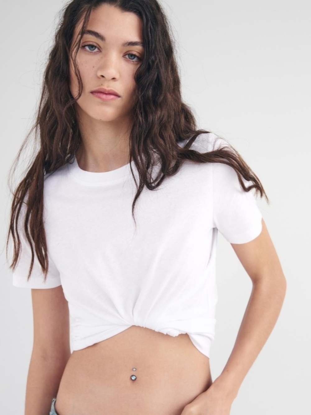 Zara White Twist-Knot Short Sleeve Crop Tee Large